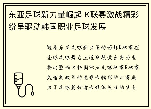 东亚足球新力量崛起 K联赛激战精彩纷呈驱动韩国职业足球发展